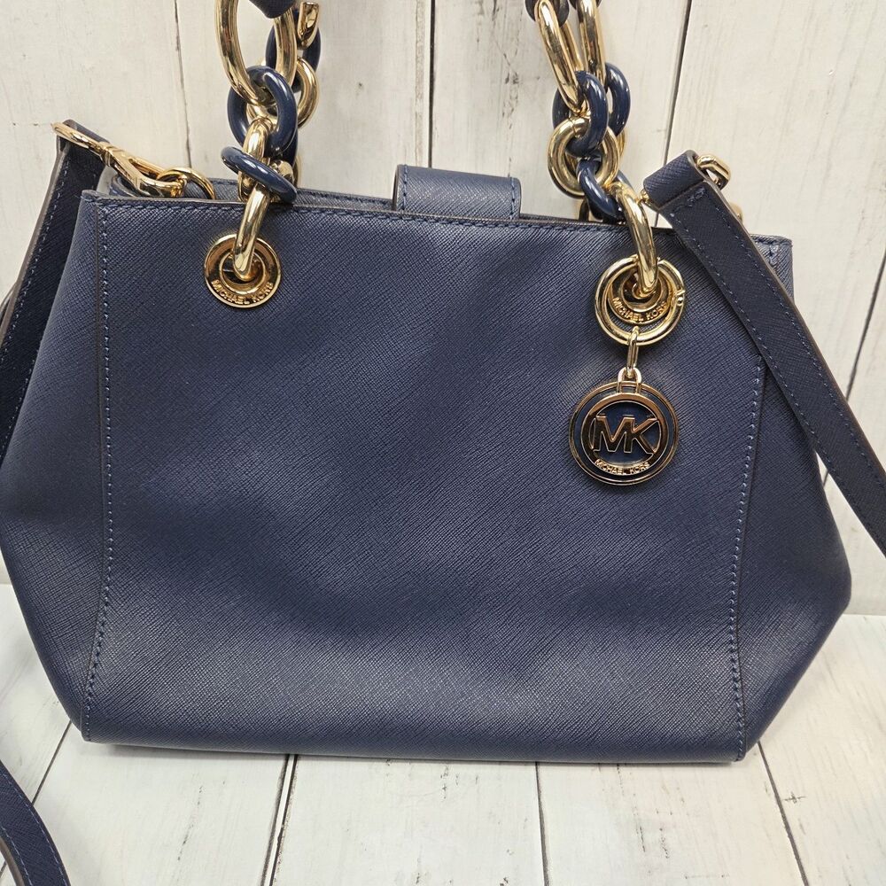 Michael Kors Saffiano Leather Cynthia Convertible Satchel Bag Small Navy Blue - Picture 5 of 16